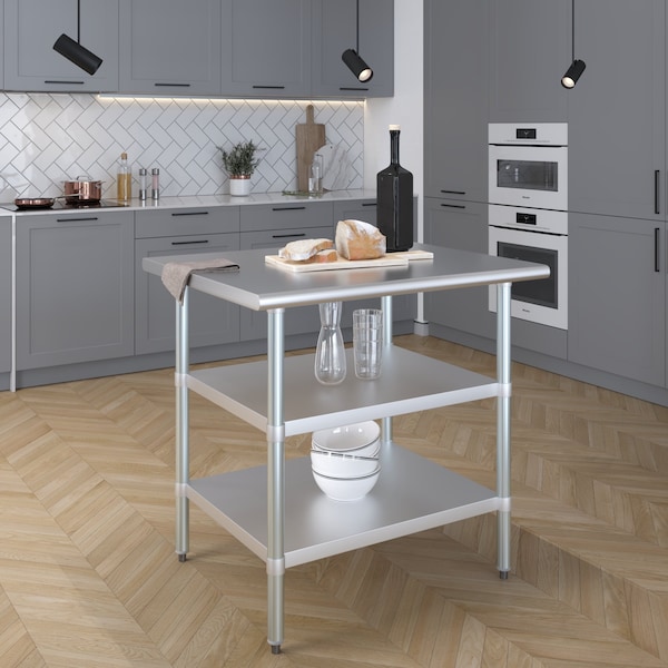 Amgood 30x36 Prep Table with Stainless Steel Top and 2 Shelves - AMG WT-3036-2SH