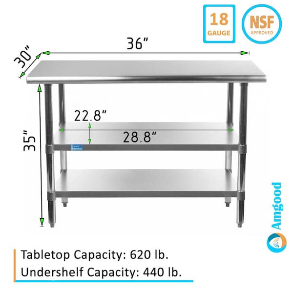 Amgood 30x36 Prep Table with Stainless Steel Top and 2 Shelves - AMG WT-3036-2SH