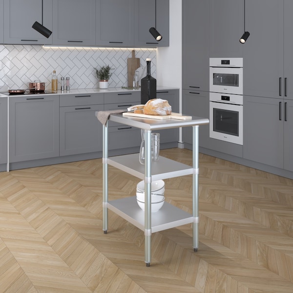Amgood 30x18 Prep Table with Stainless Steel Top and 2 Shelves - AMG WT-3018-2SH