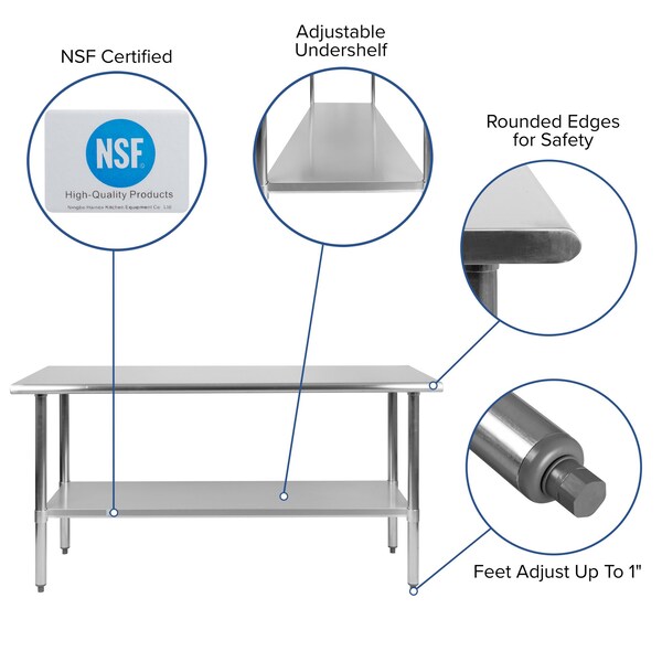 Flash Furniture 60"W Stainless 18 Gauge Work Table - Undershelf - NH-WT-2460-GG