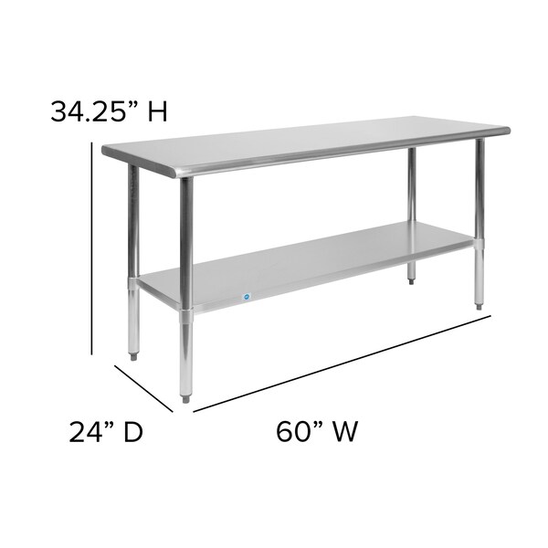 Flash Furniture 60"W Stainless 18 Gauge Work Table - Undershelf - NH-WT-2460-GG