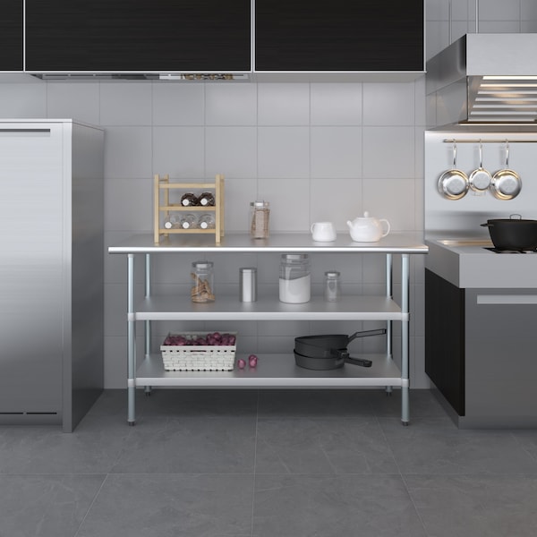 Amgood 24x60 Prep Table with Stainless Steel Top and 2 Shelves - AMG WT-2460-2SH