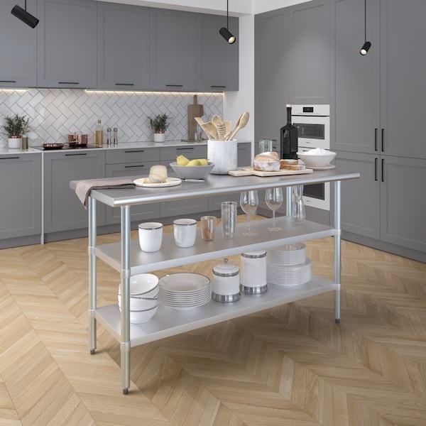 Amgood 24x60 Prep Table with Stainless Steel Top and 2 Shelves - AMG WT-2460-2SH