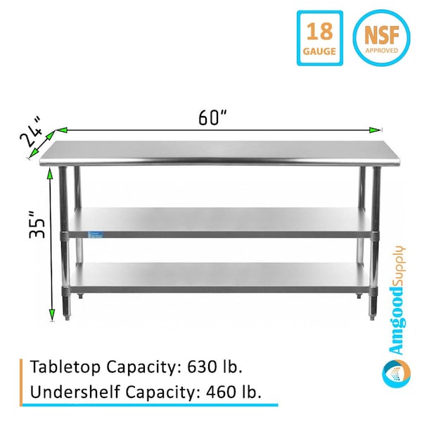 Amgood 24x60 Prep Table with Stainless Steel Top and 2 Shelves - AMG WT-2460-2SH