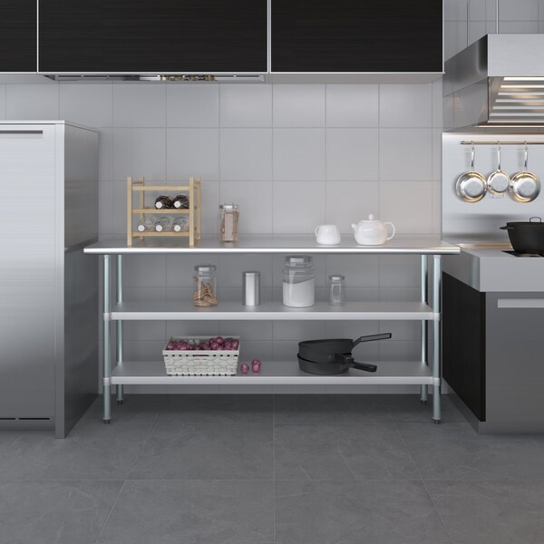 Amgood 18x72 Prep Table with Stainless Steel Top and 2 Shelves - AMG WT-1872-2SH