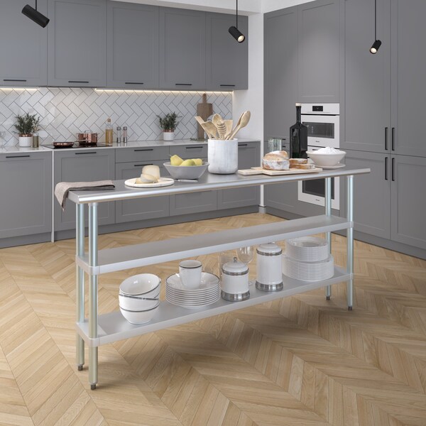 Amgood 14x72 Prep Table with Stainless Steel Top and 2 Shelves - AMG WT-1472-2SH