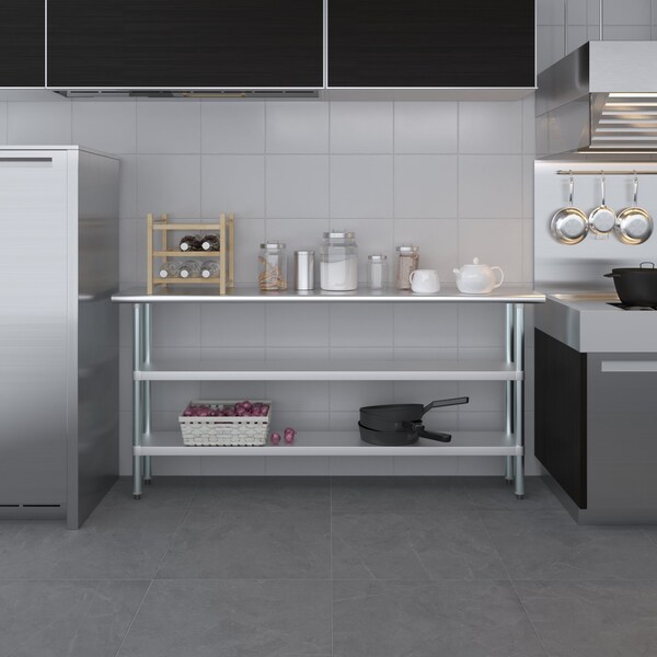 Amgood 14x72 Prep Table with Stainless Steel Top and 2 Shelves - AMG WT-1472-2SH