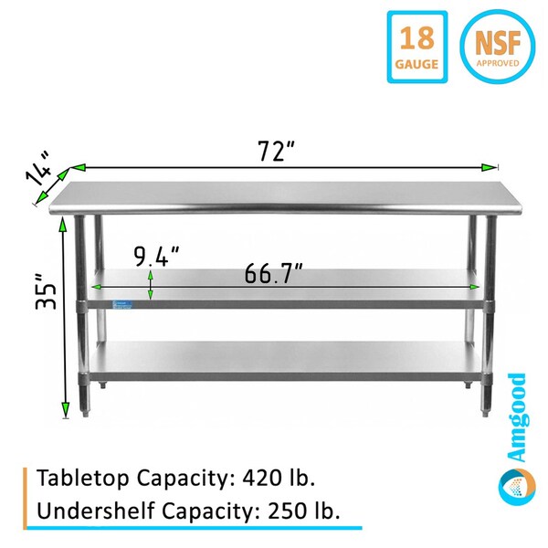 Amgood 14x72 Prep Table with Stainless Steel Top and 2 Shelves - AMG WT-1472-2SH