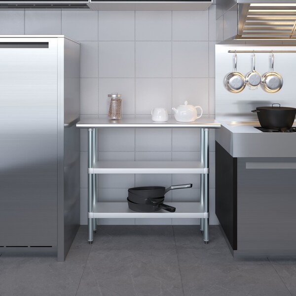 Amgood 14x48 Prep Table with Stainless Steel Top and 2 Shelves - AMG WT-1448-2SH