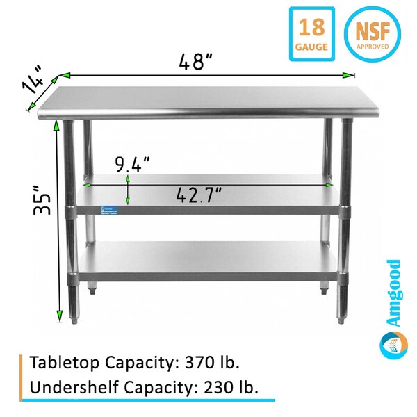 Amgood 14x48 Prep Table with Stainless Steel Top and 2 Shelves - AMG WT-1448-2SH
