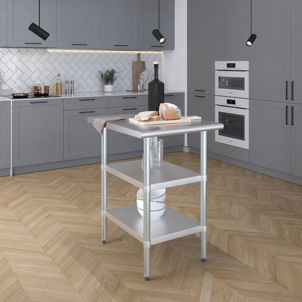 Amgood 30x24 Prep Table with Stainless Steel Top and 2 Shelves - AMG WT-3024-2SH