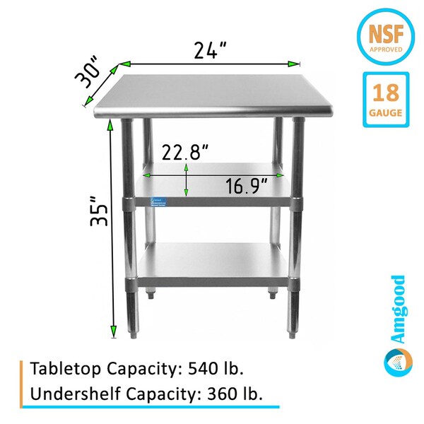Amgood 30x24 Prep Table with Stainless Steel Top and 2 Shelves - AMG WT-3024-2SH