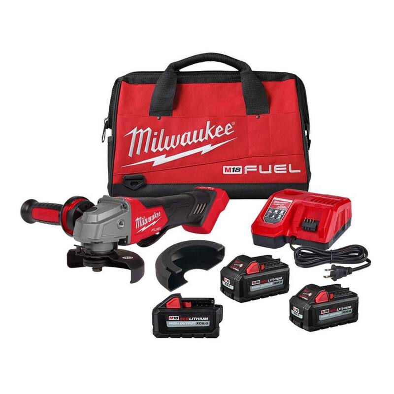 Amoladora inalámbrica Milwaukee M18 FUEL 18V de iones de litio sin escobillas de 4-1/2 pulgadas / 5 pulgadas, Kit con interruptor de paleta y (3) baterías de 6.0 Ah - 2880-22-48-11-1865