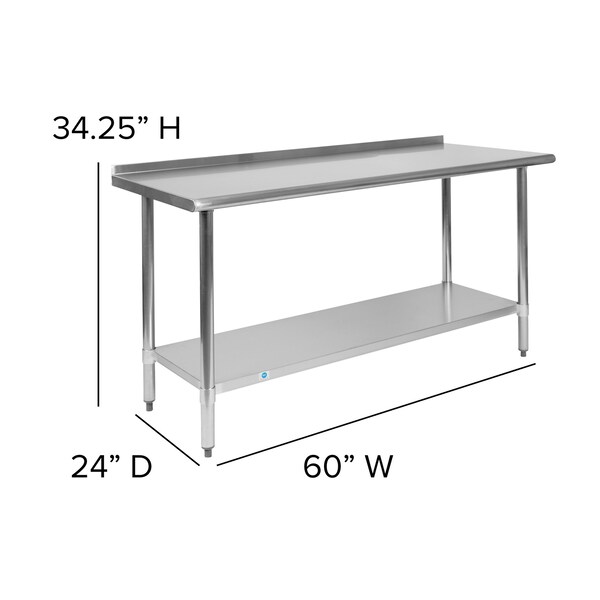 Flash Furniture 60"W Stainless 18 Gauge Work Table - Undershelf - NH-WT-2460BSP-GG