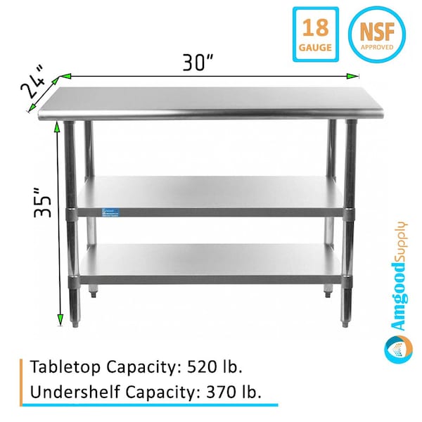 Amgood 24x30 Prep Table with Stainless Steel Top and 2 Shelves - AMG WT-2430-2SH