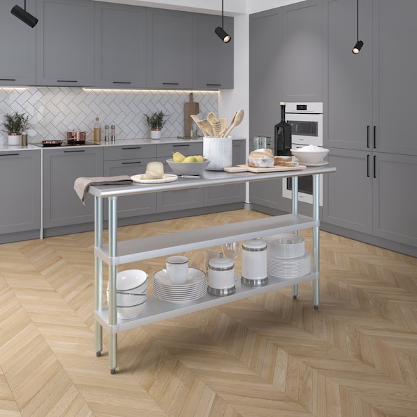 Amgood 14x60 Prep Table with Stainless Steel Top and 2 Shelves - AMG WT-1460-2SH