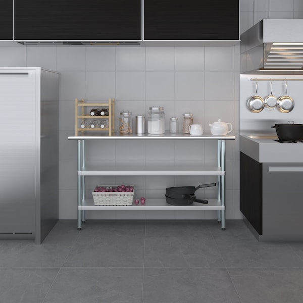 Amgood 14x60 Prep Table with Stainless Steel Top and 2 Shelves - AMG WT-1460-2SH
