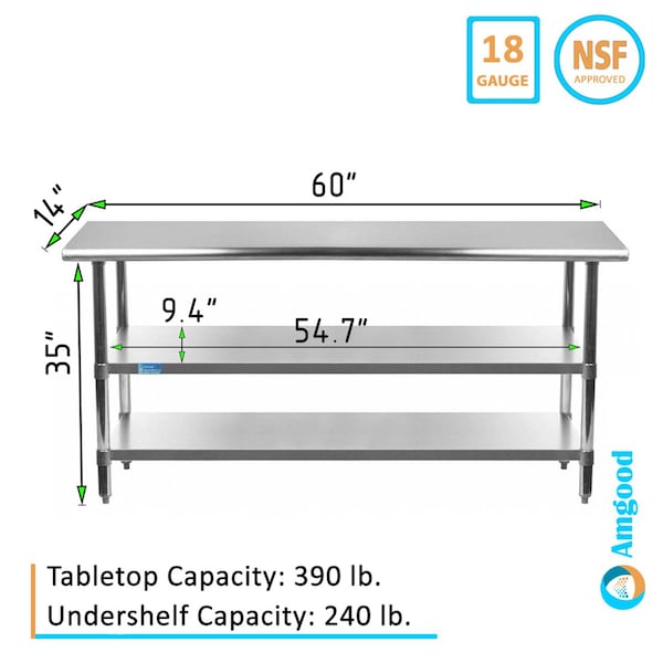 Amgood 14x60 Prep Table with Stainless Steel Top and 2 Shelves - AMG WT-1460-2SH