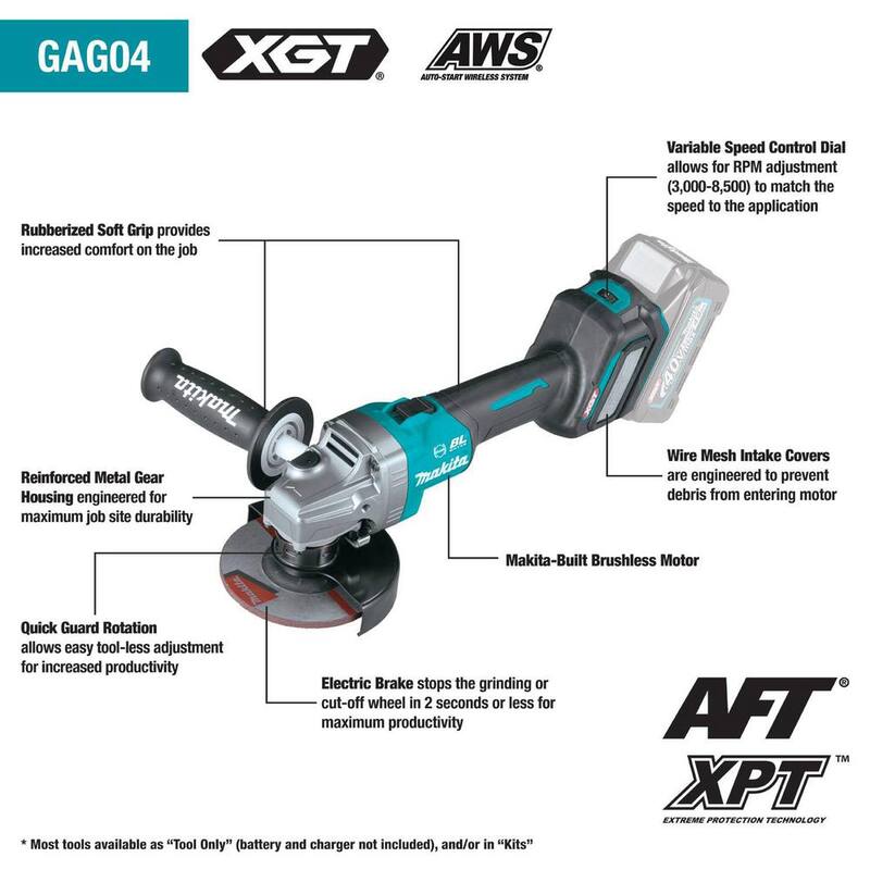 Kit de Amoladora Angular Inalámbrica sin Escobillas Makita 40V Max XGT 4-1/2/5 in, con Freno Eléctrico, Compatible con AWS (4.0Ah) - GAG04M1