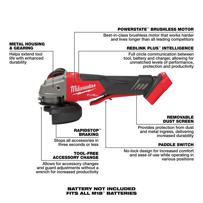 Milwaukee M18 FUEL 18V Lithium-Ion Brushless Inalámbrico 4-1/2 in./5 in. Amoladora con Velocidad Variable y Interruptor de Paleta con Amoladora - 2888-20-2880-20