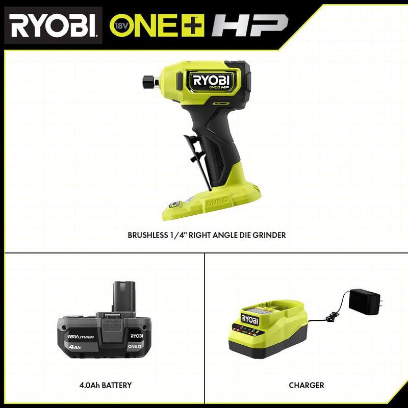 RYOBI ONE+ HP 18V Amoladora Angular Compacta sin Escobillas Inalámbrica de 1/4 de pulgada con Kit de Batería de 4.0 Ah y Cargador - PSBDG01K.