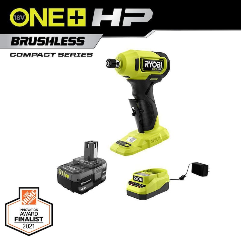 RYOBI ONE+ HP 18V Amoladora Angular Compacta sin Escobillas Inalámbrica de 1/4 de pulgada con Kit de Batería de 4.0 Ah y Cargador - PSBDG01K.