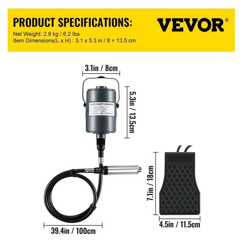 Rectificadora con eje flexible VEVOR de 380 vatios y 500 a 23000 RPM con 1/4 in. 3 mordazas, pedal para pulir y moler joyería - DMJMC380W-JQ6FOF4V1