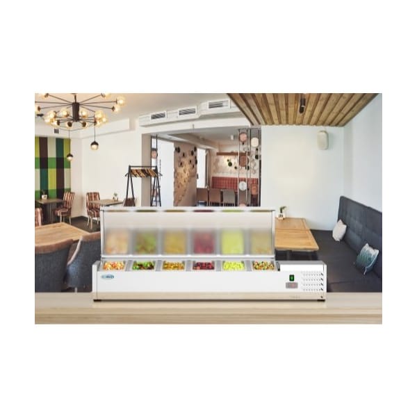 Koolmore 59" Refrigerated Countertop Condiment Prep Rail Sandwich Prep Station with Stainless Steel Cover - SCDC-6P-SSL