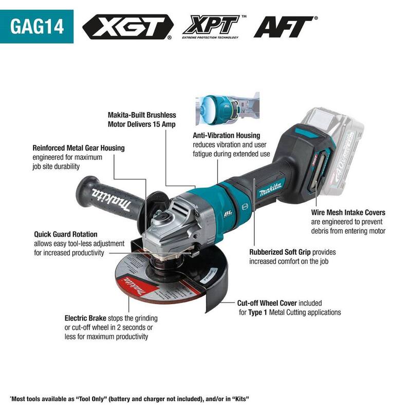 Amoladora angular inalámbrica Makita 40-Volt Maximum XGT sin escobillas de 4-1/2/6 pulgadas con interruptor de paleta, freno eléctrico, herramienta únicamente - GAG14Z