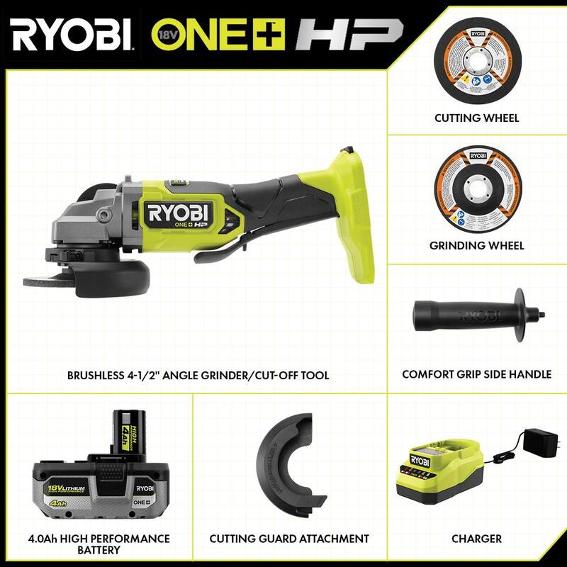 RYOBI ONE+ HP 18V Amoladora Angular Inalámbrica Brushless de 4-1/2 pulgadas con Kit de Batería de 4.0 Ah y Cargador - PBLAG02K1