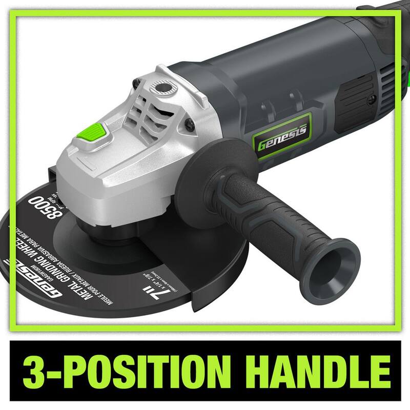 Génesis 15 Amp 7 pulgadas 8,500 RPM Amoladora Angular con Cable con Mango Lateral de 3 Posiciones, 1 Rueda de Rectificado y Protector de Rueda - GAG1570