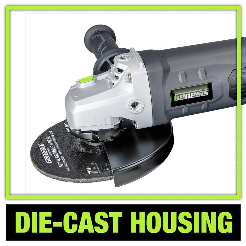 Génesis 15 Amp 7 pulgadas 8,500 RPM Amoladora Angular con Cable con Mango Lateral de 3 Posiciones, 1 Rueda de Rectificado y Protector de Rueda - GAG1570