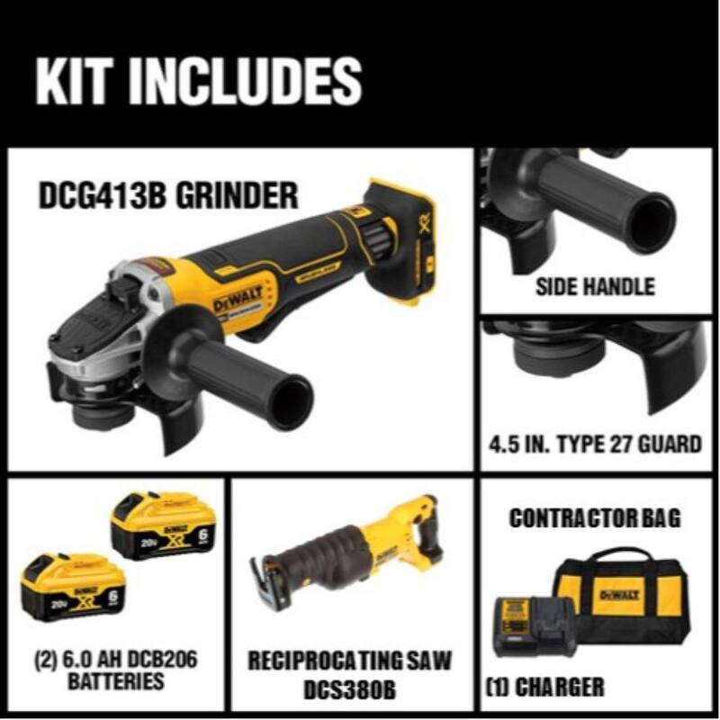 DEWALT Rectificadora angular pequeña inalámbrica sin escobillas 20V MAX XR de 4.5 pulgadas, sierra reciproca 20V MAX y (2) baterías 20V 6.0Ah - DCG413R2W380B