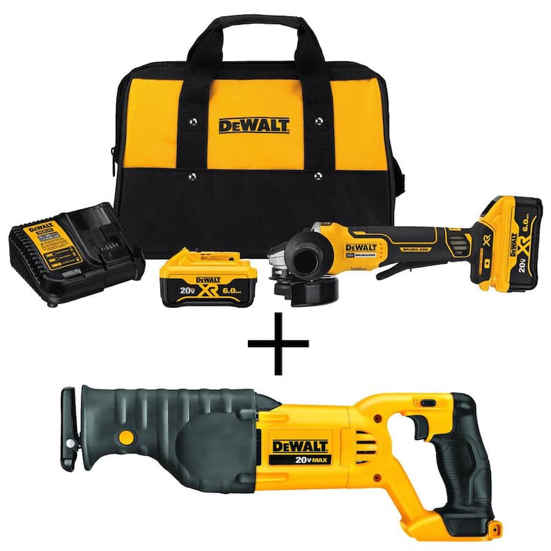 DEWALT Rectificadora angular pequeña inalámbrica sin escobillas 20V MAX XR de 4.5 pulgadas, sierra reciproca 20V MAX y (2) baterías 20V 6.0Ah - DCG413R2W380B