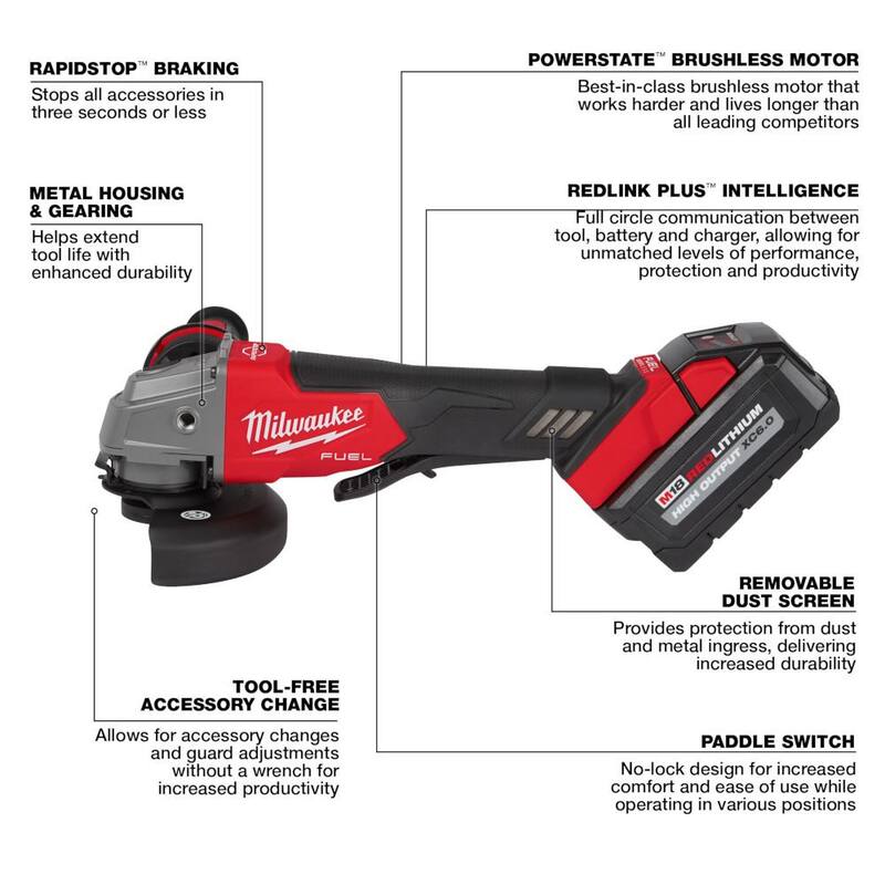 Esmeriladora inalámbrica Milwaukee M18 FUEL 18-Voltios Ion de Litio sin Escobillas de 4-1/2 pulgadas/5 pulgadas, Kit con interruptor tipo paleta y Esmeriladora M18 FUEL - 2880-22-2888-20.