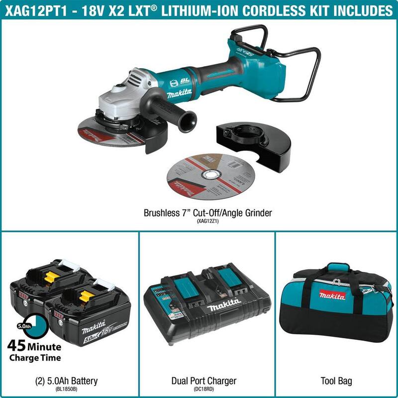 Kit de esmeriladora angular sin escobillas Makita 18V 5.0Ah X2 LXT de iones de litio (36V) - XAG12PT1