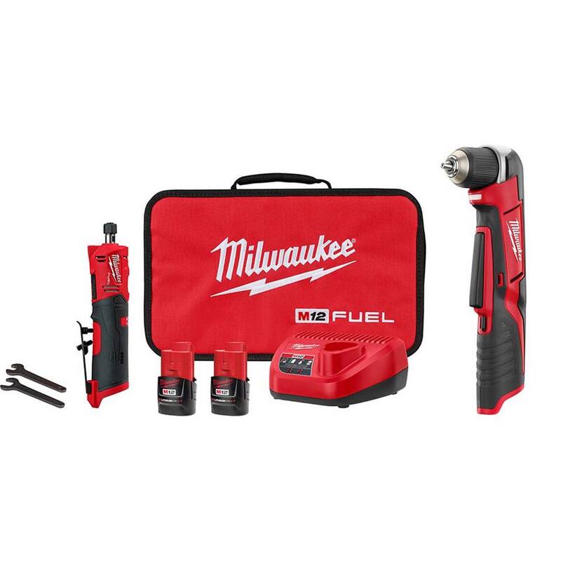 Milwaukee M12 FUEL 12V Lithium-Ion 1/4 in. Kit de Rectificadora Recta Inalámbrica con M12 3/8 in. Taladro Angular Derecho - 2486-22-2415-20