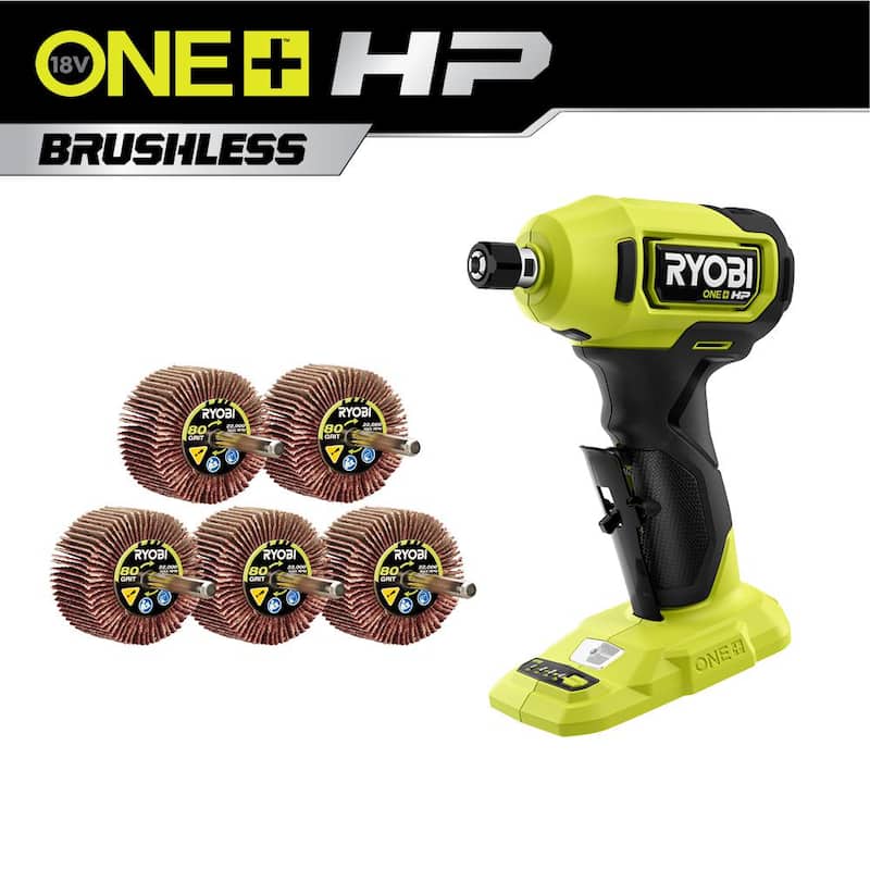 Rectificadora angular de troqueles sin escobillas compacta inalámbrica RYOBI ONE+ HP 18V de 1/4 de pulgada (herramienta solamente) con juego de ruedas de aletas de grano 80 (5 piezas) - PSBDG01B-A91FW580.