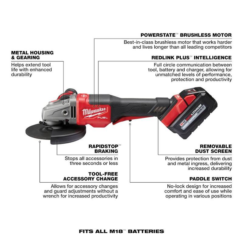 Amoladora inalámbrica Milwaukee M18 FUEL 18-Volt de iones de litio sin escobillas de 4-1/2 in./6 in. con interruptor de paleta, kit sin herramienta múltiple oscilante - 2980-22-2836-20
