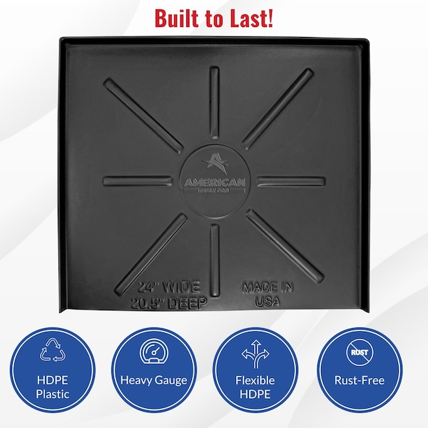 American Built Pro Dishwasher Drain Pan - Open-Ended Directs wtr Upfront for Leak Detection  - 24 inch x 20.5 inch, Blk - DWP-1B