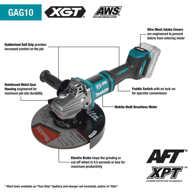 Kit de amoladora angular inalámbrica con interruptor de paleta de 7 pulgadas / 9 pulgadas Makita 40V Max XGT sin escobillas con freno eléctrico, compatible con AWS (4.0 Ah) - GAG10M1