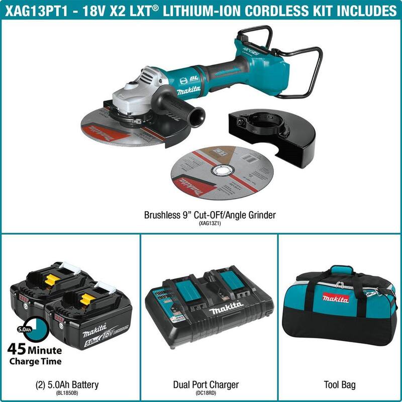 Makita 18V X2 LXT de iones de litio (36V) sin escobillas Cortadora de ángulo inalámbrica de interruptor de paleta de 9 pulgadas con freno eléctrico Kit de amoladora de corte - XAG13PT1