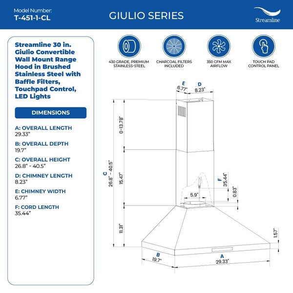 Streamline 30 in. Giulio Convertible Wall Mount 350 CFM Range Hood in Brushed Stainless Steel - T-451-1-CL