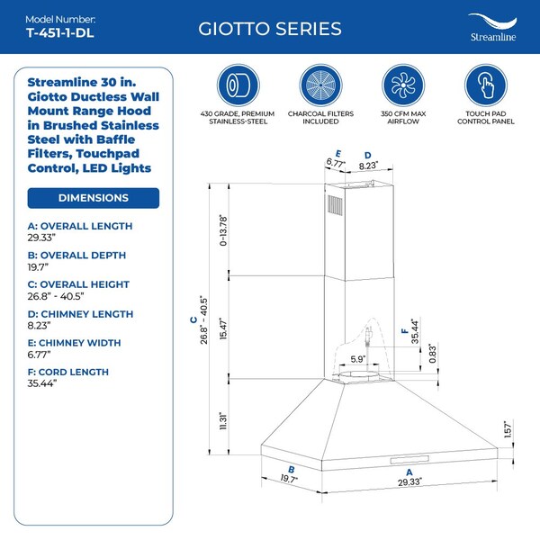 Streamline 30 in. Giotto Ductless Wall Mount 350 CFM Range Hood in Brushed Stainless Steel - T-451-1-DL