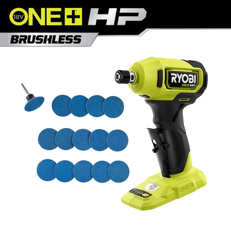 RYOBI ONE+ HP 18V Rectificadora compacta sin escobillas de ángulo recto inalámbrica de 1/4 de pulgada (herramienta únicamente) con juego de discos de lija de 2 pulgadas (16 piezas) - PSBDG01B-A911601
