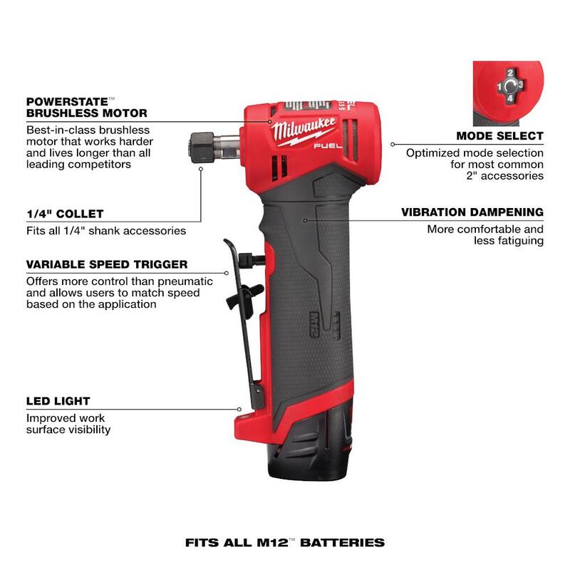 Milwaukee M12 FUEL 12-Volt Lithium-Ion 1/4 pulg. Kit de esmeriladora angular recta inalámbrica con broca angular derecha M12 de 3/8 pulgadas - 2485-22-2415-20.