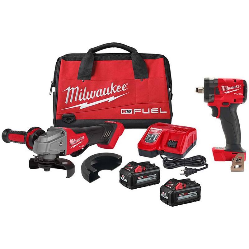 Milwaukee M18 FUEL 18V Lithium-Ion Inalámbrico sin escobillas Amoladora 4-1/2/5 pulgadas, Kit con interruptor de paleta, Llave de impacto de 1/2 pulgadas con 2 baterías - 2880-22-2855-20.