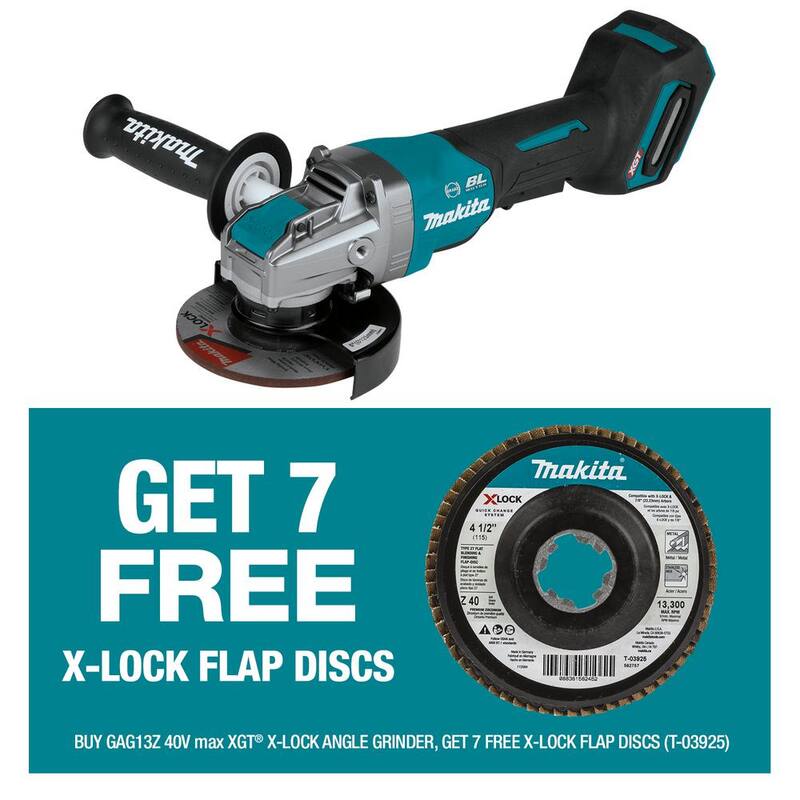 Amoladora angular inalámbrica sin escobillas Makita 40V máx XGT de 5 pulgadas con interruptor de paleta X-LOCK y disco de láminas de grano 40 de regalo (cantidad 7) - GAG13Z-T-039257