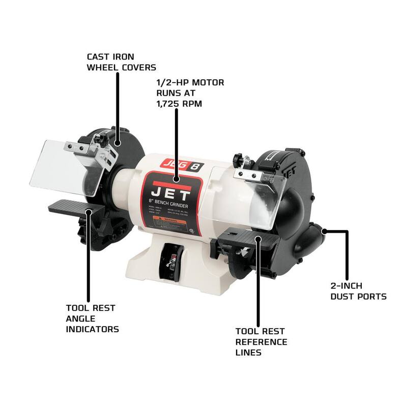 Amoladora de banco para herramientas de carpintería Jet JWBG-8 de 8 pulgadas y 1/2 HP, 115 voltios - 726101