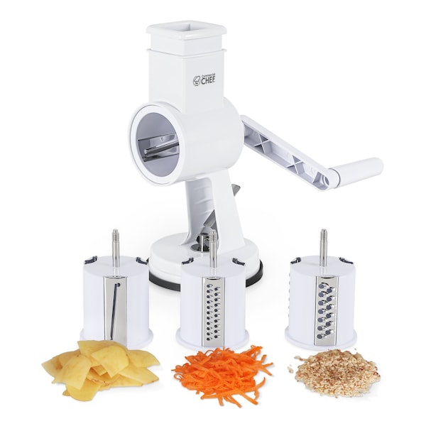 Commercial Chef Drum Grater + 3 Piece Blade Set Manual Shredder Cheese Grater Vegetable Nut Grinder - CH1514